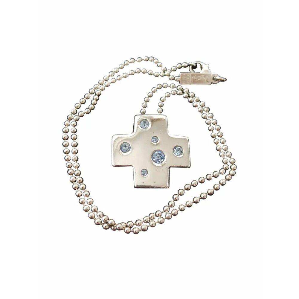 Yves Saint Laurent Cross Pendant Necklace Blue Rhinestones Silver Y2K EUC